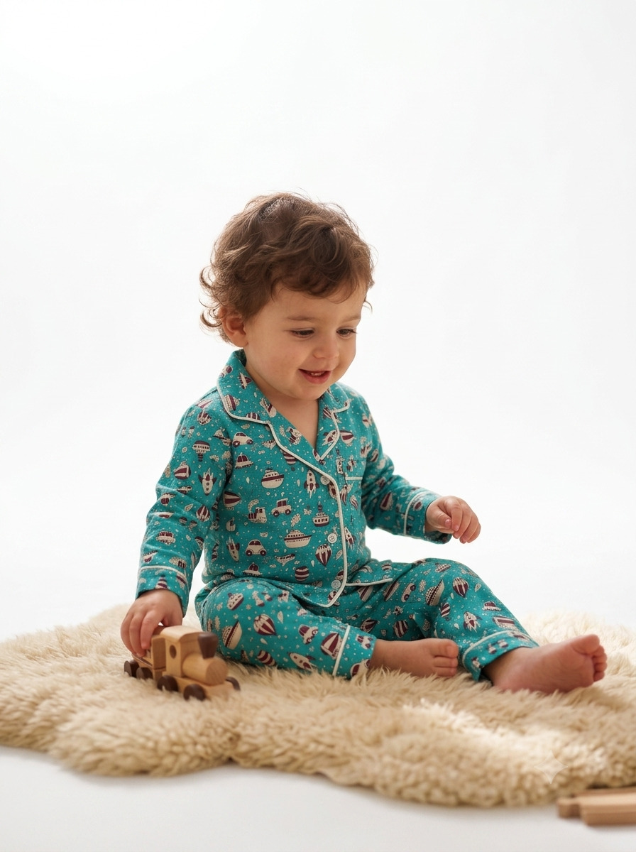 Huggingbug Little Explorer kids pure cotton night suit with transport print - view 3 - thumbnail 3 of 5