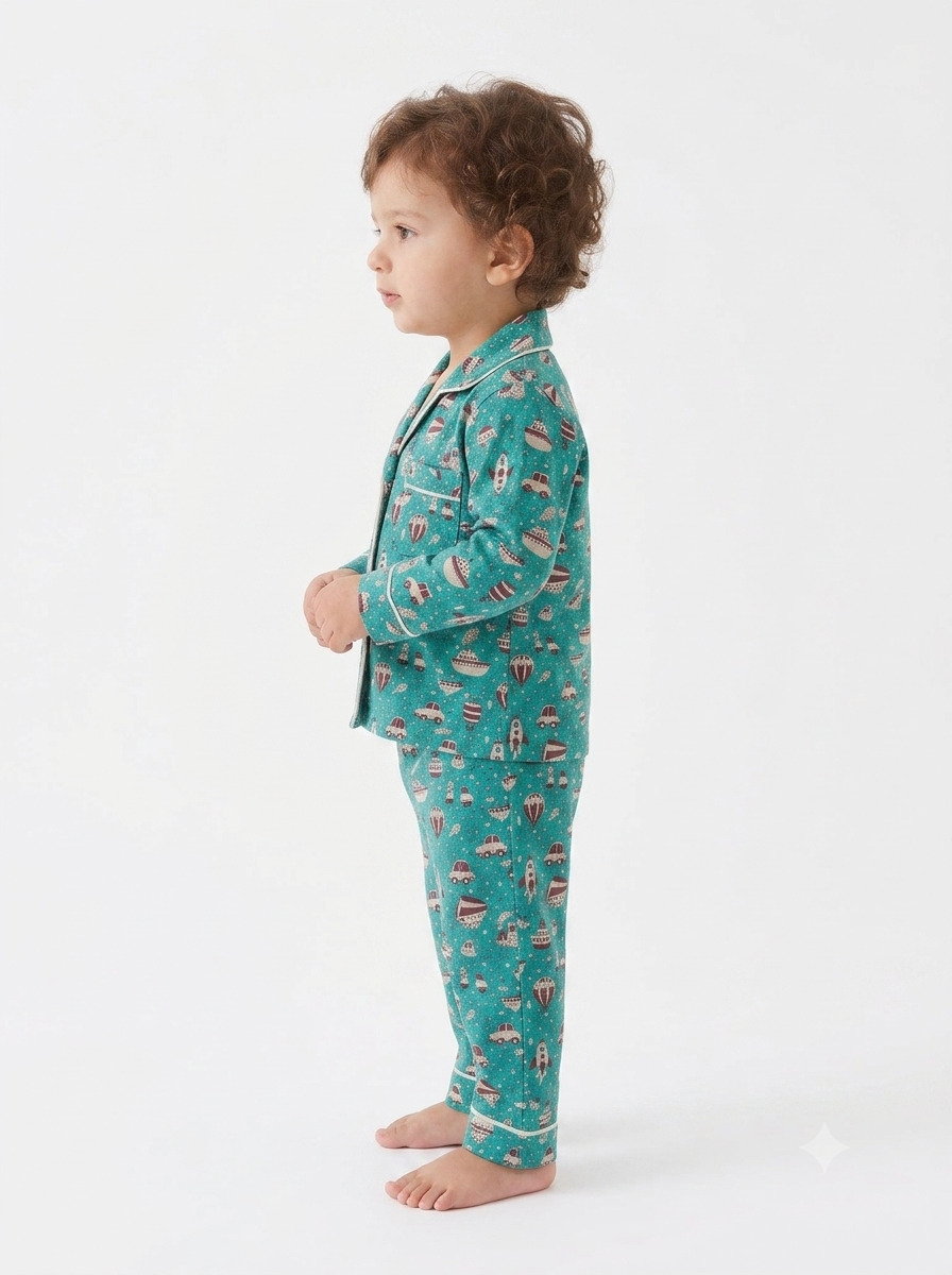 Huggingbug Little Explorer kids pure cotton night suit with transport print - view 4 - thumbnail 4 of 5