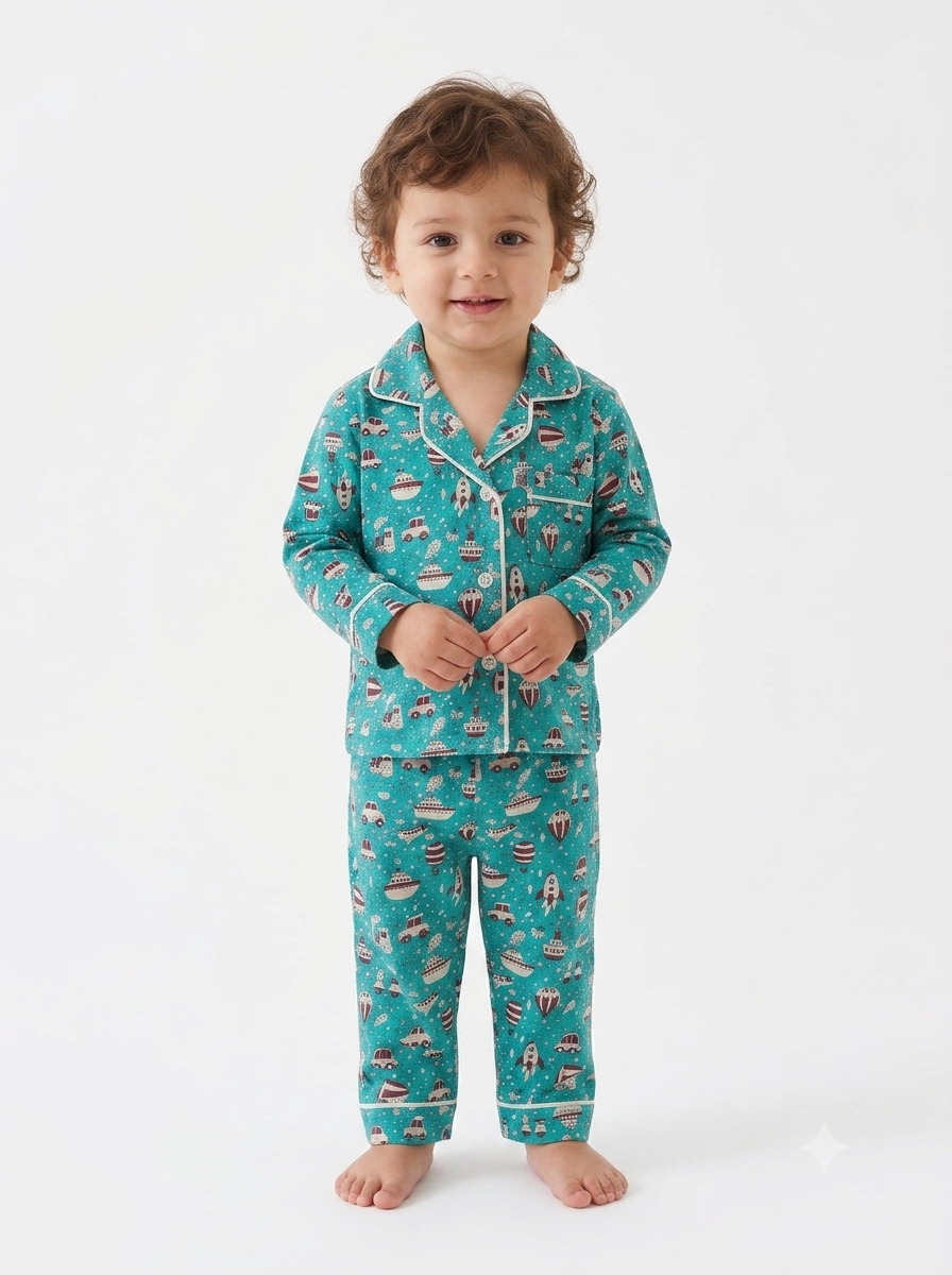 Huggingbug Little Explorer kids pure cotton night suit with transport print - view 1
