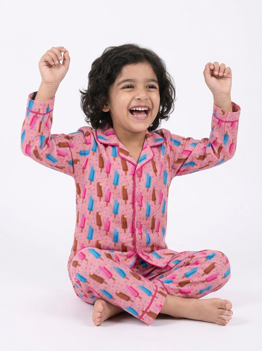 Huggingbug Ice-creamy Dreams kids pure cotton night suit with ice lollies & ice creams print - view 3 - thumbnail 3 of 4