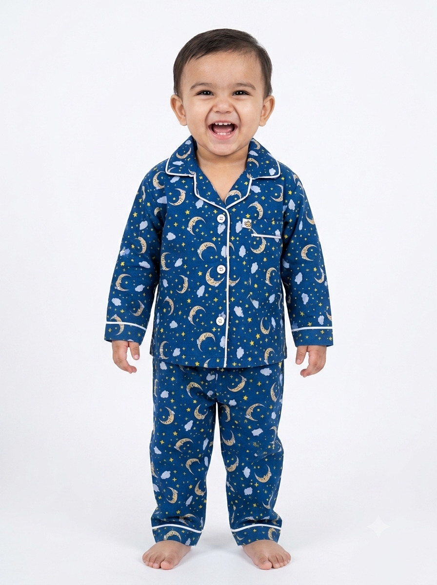 Huggingbug Twinkle and Sleep kids pure cotton night suit with night sky (moons, stars, clouds) print - view 1