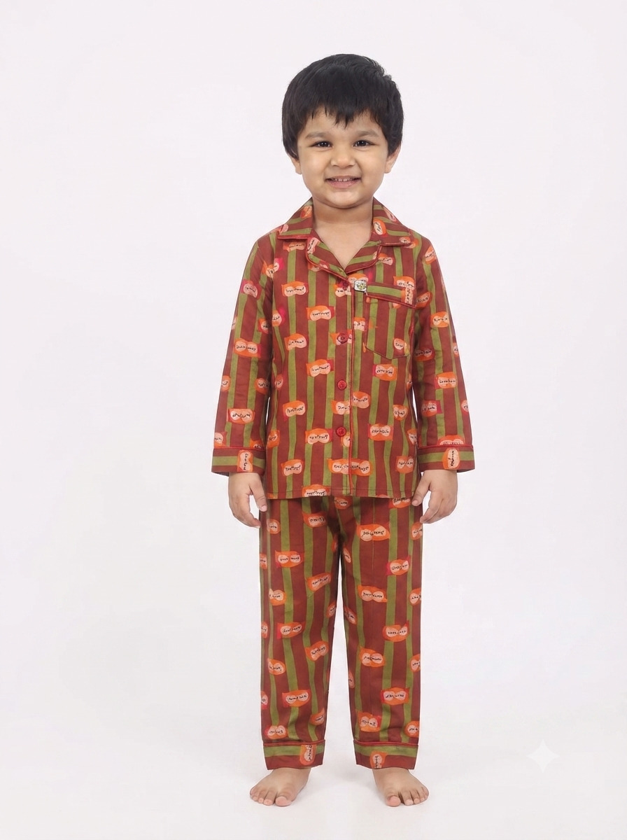 Huggingbug Hoot and Snooze kids pure cotton night suit with owls & stripes print - view 1