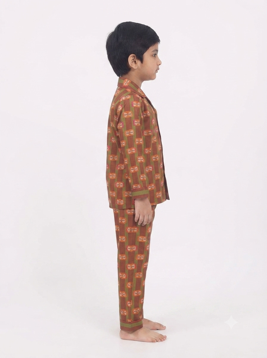 Huggingbug Hoot and Snooze kids pure cotton night suit with owls & stripes print - view 3 - thumbnail 3 of 4