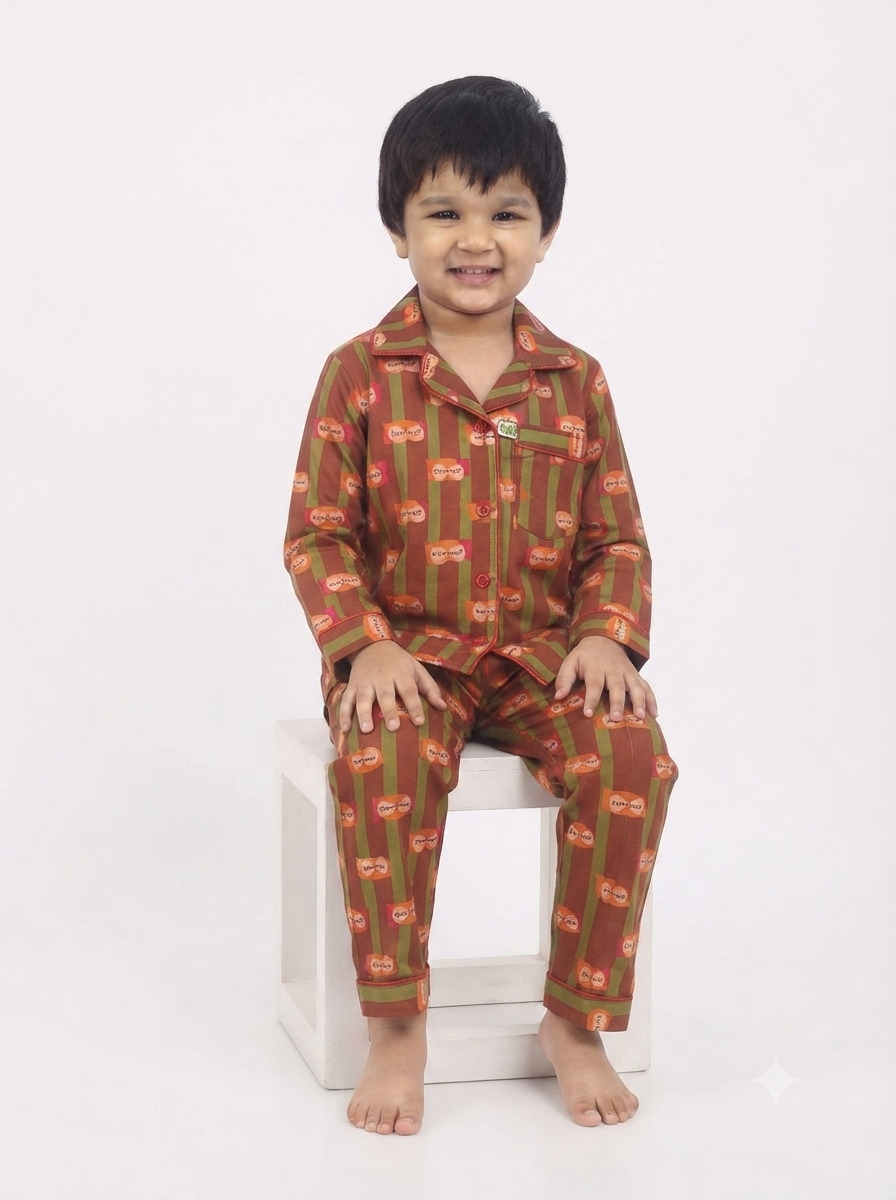 Huggingbug Hoot and Snooze kids pure cotton night suit with owls & stripes print - view 4 - thumbnail 4 of 4