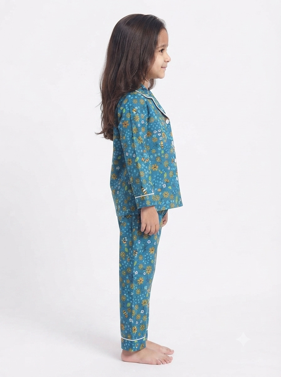 Huggingbug Buzzy Bee Garden kids pure cotton night suit with flowers & bumble bees print - view 3 - thumbnail 3 of 4