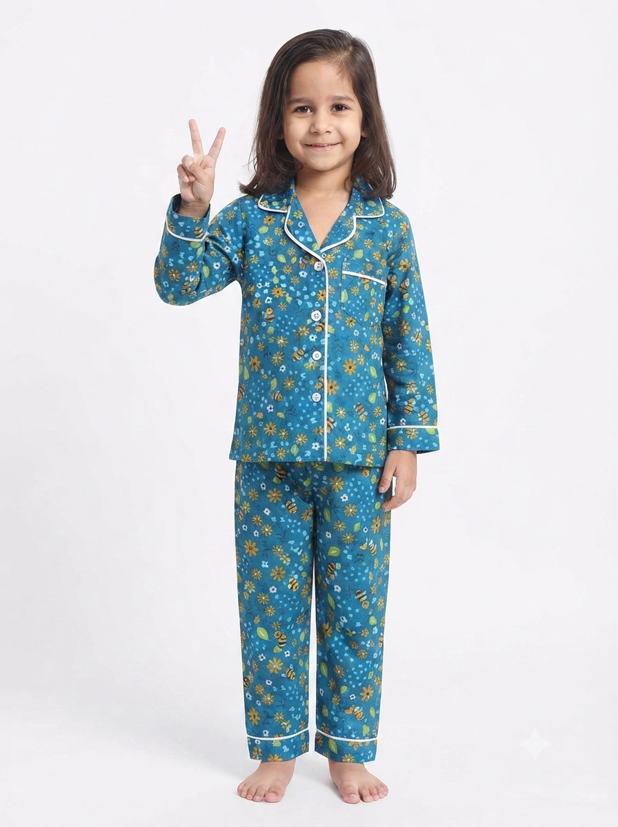 Huggingbug Buzzy Bee Garden kids pure cotton night suit with flowers & bumble bees print - view 1 - thumbnail 1 of 4