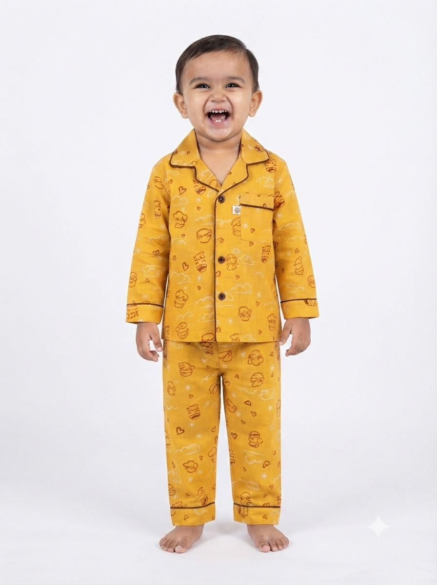 Huggingbug Giggles and Sleep kids pure cotton night suit with giggly doodle faces, hearts & clouds print - view 1 - thumbnail 1 of 4