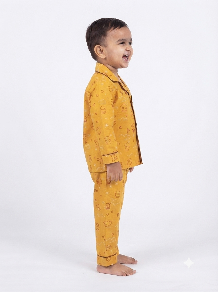 Huggingbug Giggles and Sleep kids pure cotton night suit with giggly doodle faces, hearts & clouds print - view 3 - thumbnail 3 of 4