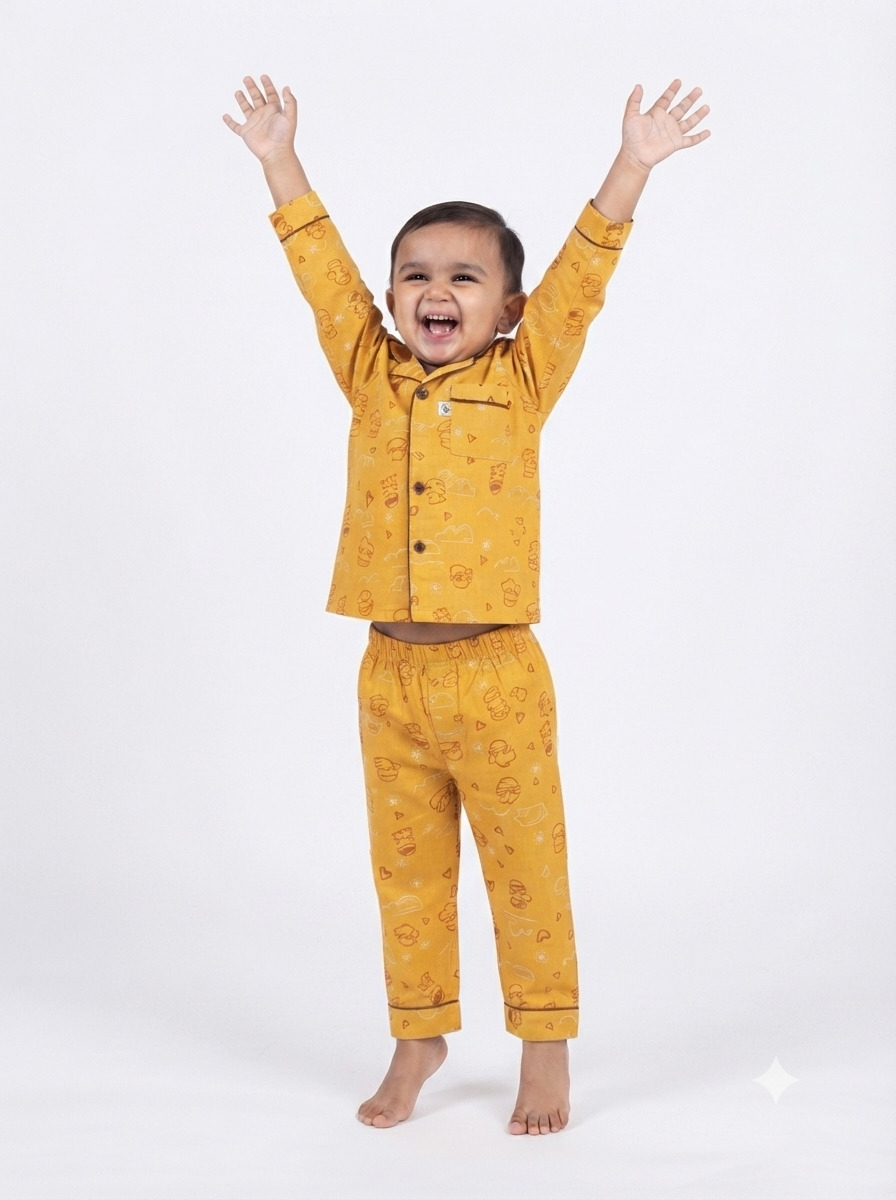 Huggingbug Giggles and Sleep kids pure cotton night suit with giggly doodle faces, hearts & clouds print - view 4 - thumbnail 4 of 4