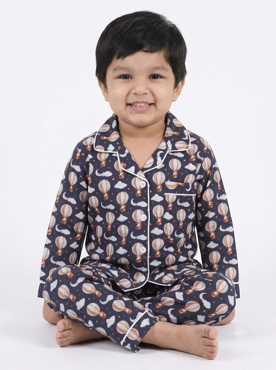 Huggingbug Dreamy Voyage kids pure cotton night suit with hot air balloons & clouds print - view 2 - thumbnail 2 of 4