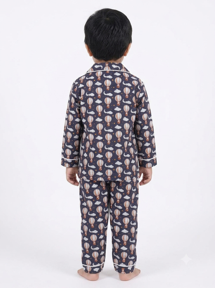 Huggingbug Dreamy Voyage kids pure cotton night suit with hot air balloons & clouds print - view 3 - thumbnail 3 of 4