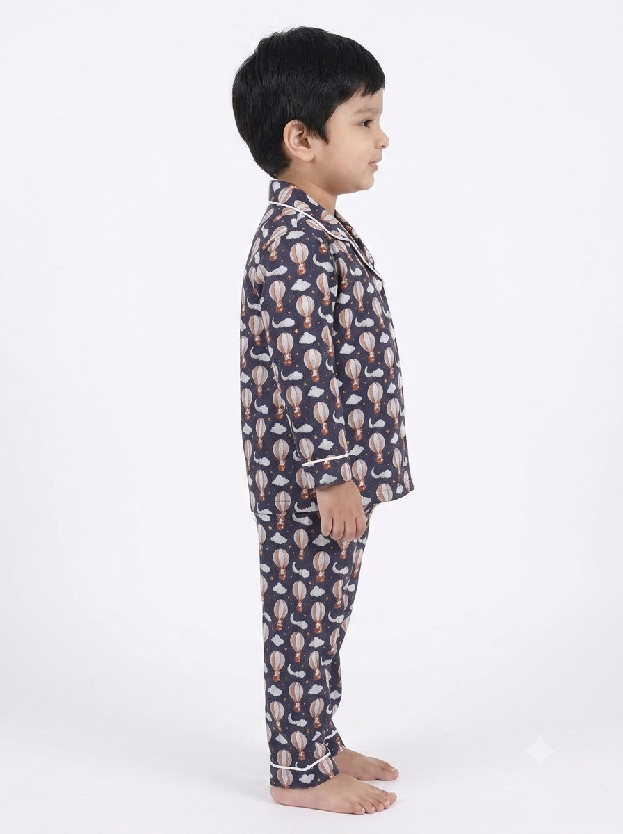 Huggingbug Dreamy Voyage kids pure cotton night suit with hot air balloons & clouds print - view 4 - thumbnail 4 of 4