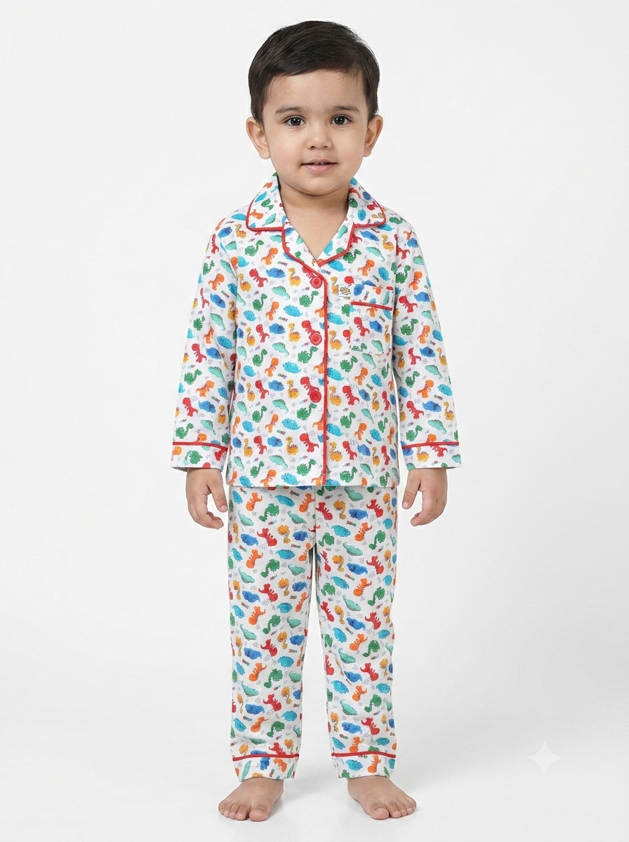 Huggingbug Mighty Dino kids pure cotton night suit with dinosaurs print - view 1