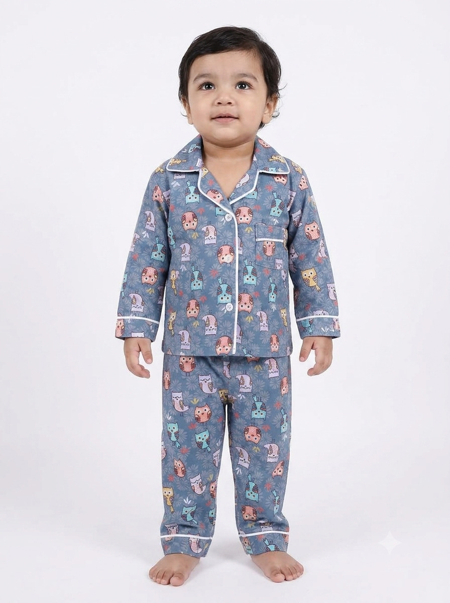 Huggingbug Drowsy Owls kids pure cotton night suit with sleepy owls & animals print - view 1