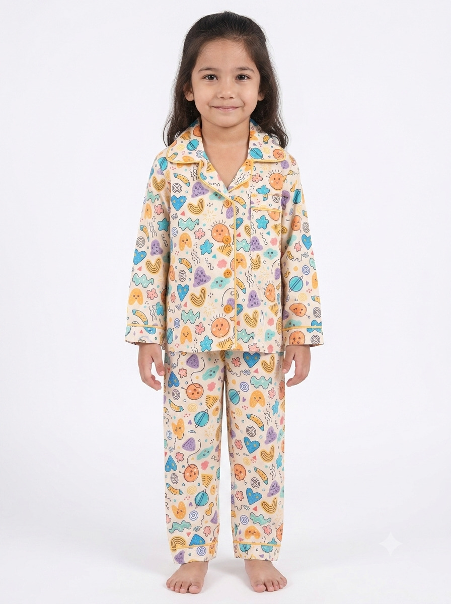 Huggingbug Cute Dreams kids pure cotton night suit with doodle shapes, suns & hearts print - view 1 - thumbnail 1 of 4