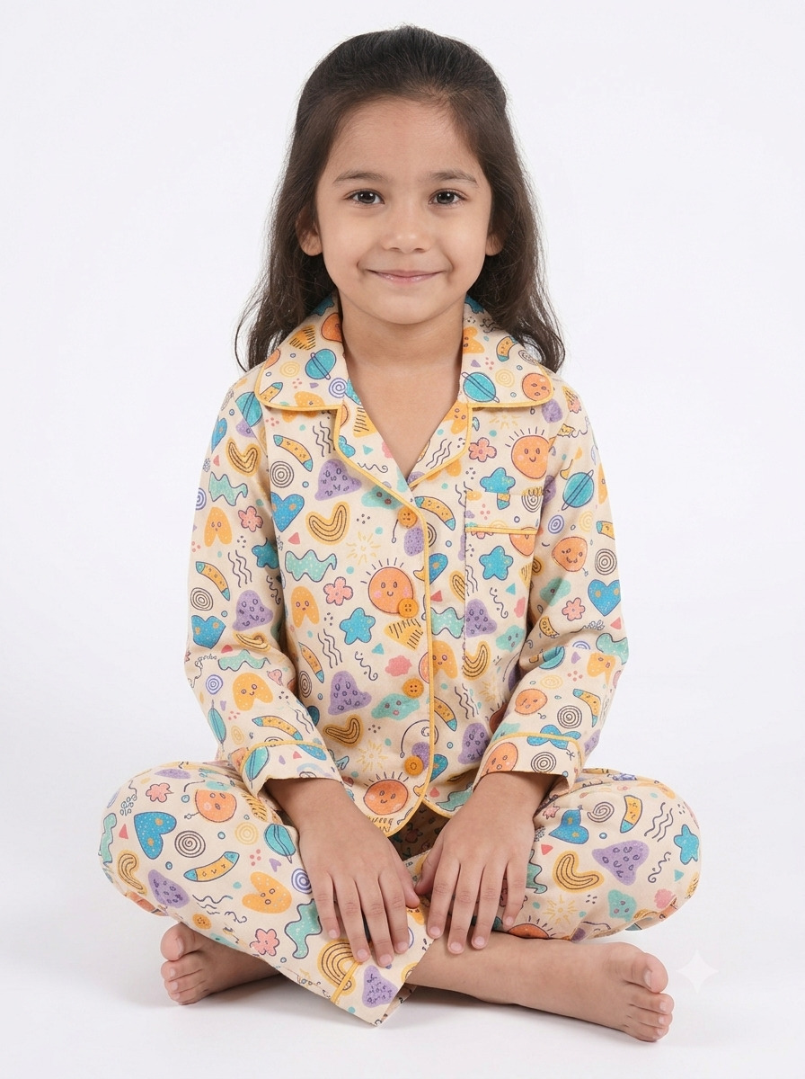 Huggingbug Cute Dreams kids pure cotton night suit with doodle shapes, suns & hearts print - view 2 - thumbnail 2 of 4