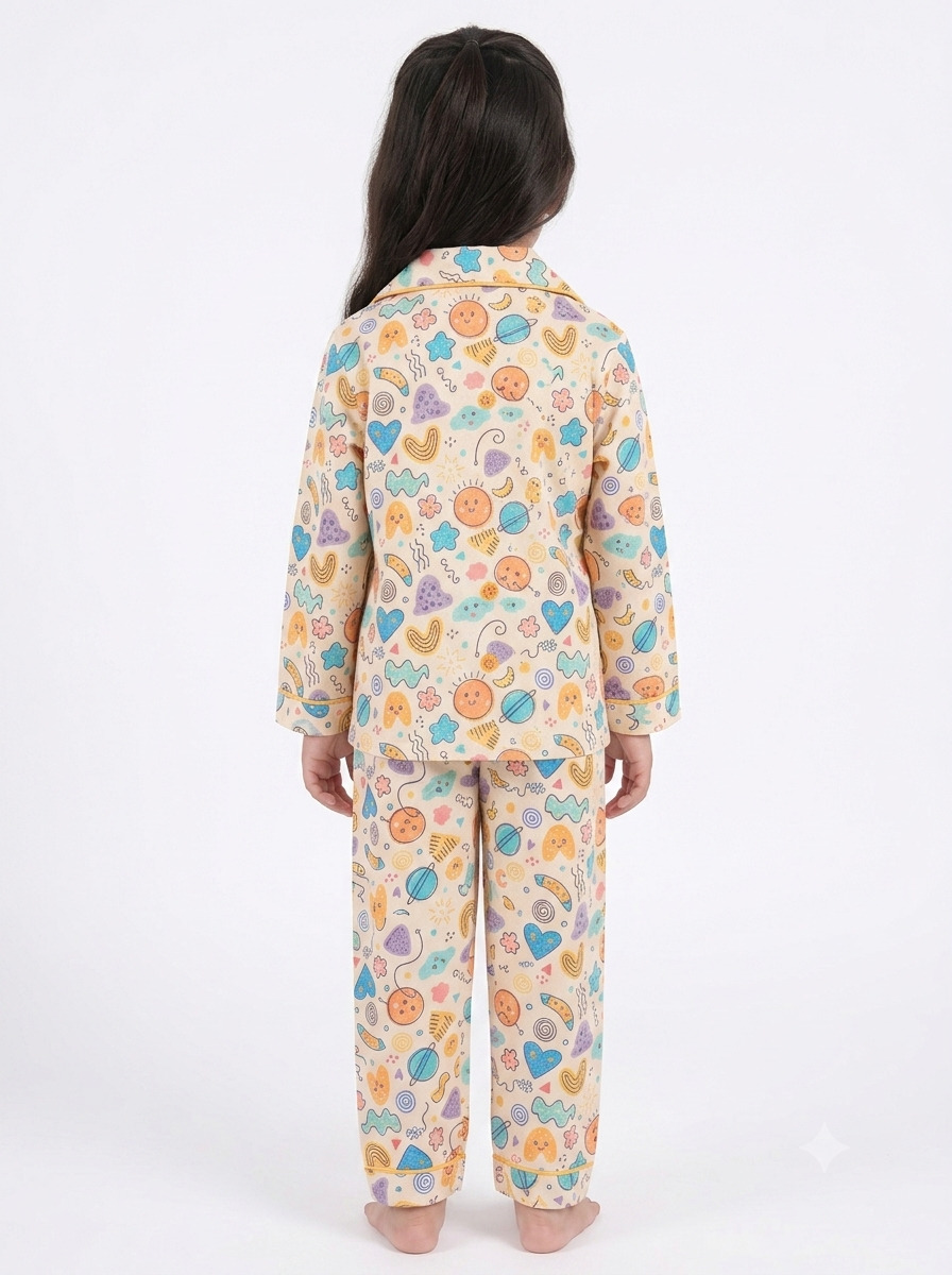 Huggingbug Cute Dreams kids pure cotton night suit with doodle shapes, suns & hearts print - view 3 - thumbnail 3 of 4