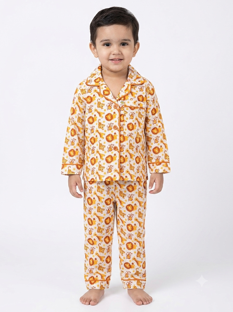 Huggingbug Sunny Savanna kids pure cotton night suit with safari animals (lions, giraffes, monkeys) print - view 1 - thumbnail 1 of 4