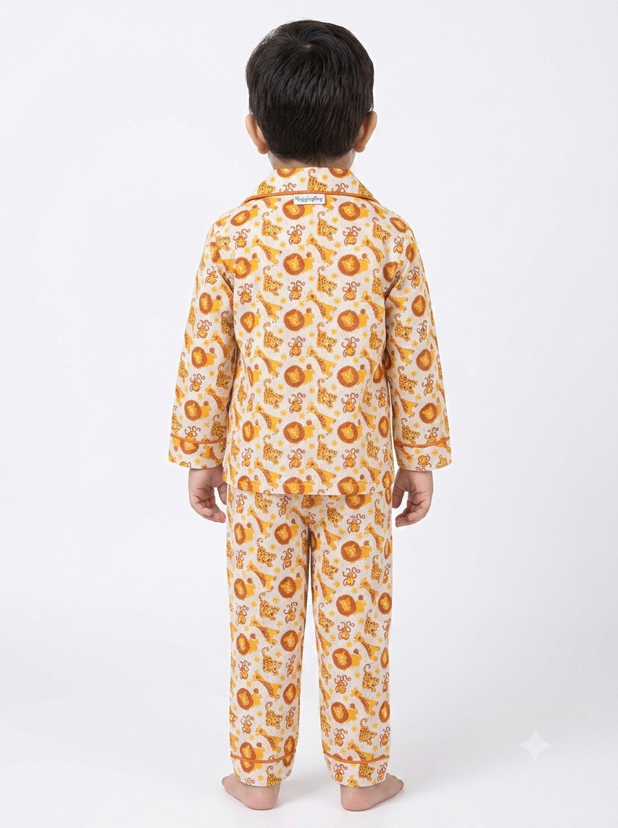 Huggingbug Sunny Savanna kids pure cotton night suit with safari animals (lions, giraffes, monkeys) print - view 2 - thumbnail 2 of 4