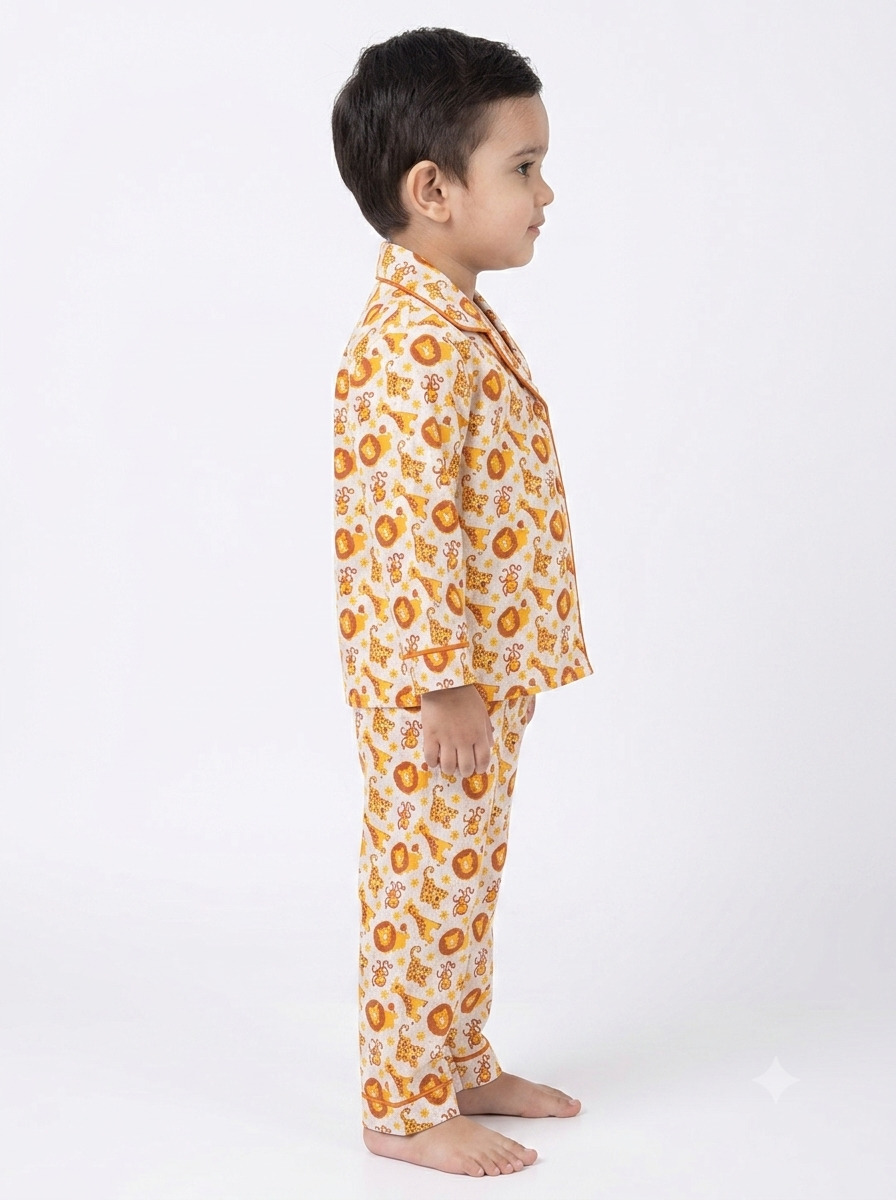 Huggingbug Sunny Savanna kids pure cotton night suit with safari animals (lions, giraffes, monkeys) print - view 3 - thumbnail 3 of 4