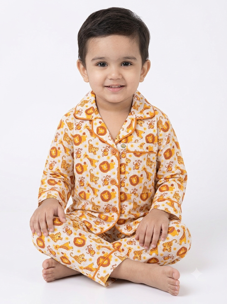Huggingbug Sunny Savanna kids pure cotton night suit with safari animals (lions, giraffes, monkeys) print - view 4 - thumbnail 4 of 4