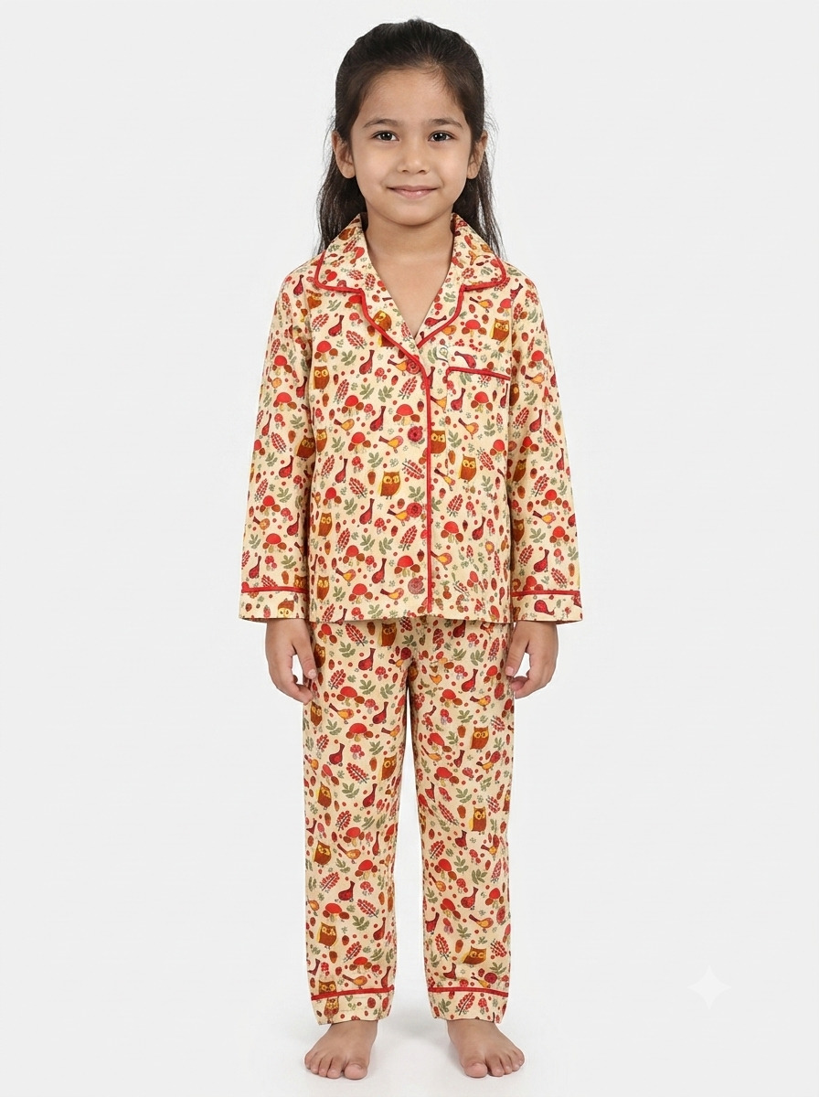 Huggingbug Owl and Acorn kids pure cotton night suit with owls, acorns, mushrooms & leaves print - view 1