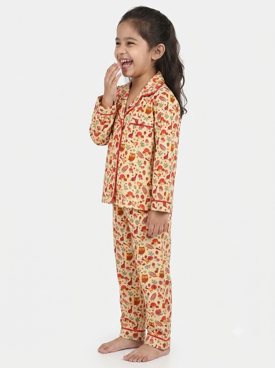Huggingbug Owl and Acorn kids pure cotton night suit with owls, acorns, mushrooms & leaves print - view 2 - thumbnail 2 of 4
