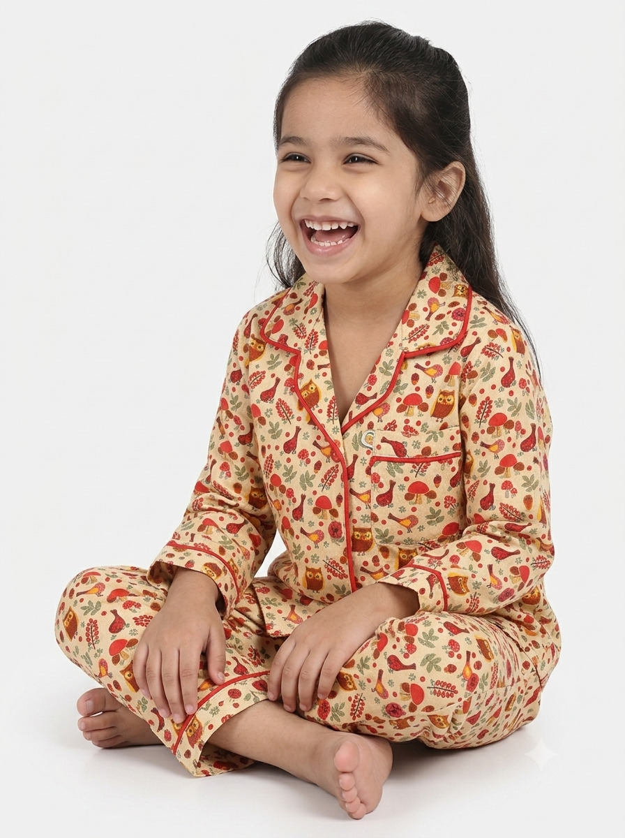 Huggingbug Owl and Acorn kids pure cotton night suit with owls, acorns, mushrooms & leaves print - view 3 - thumbnail 3 of 4