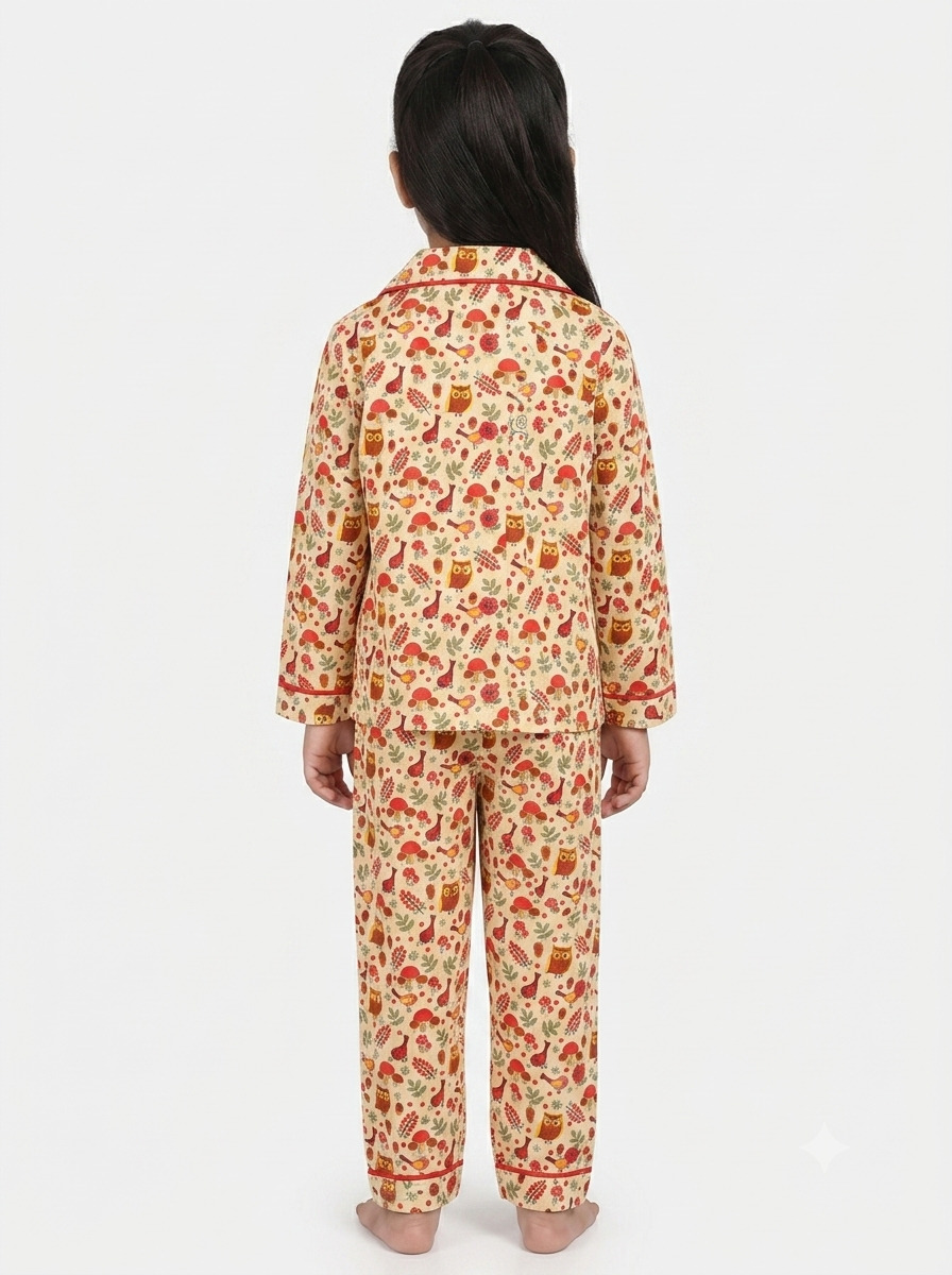 Huggingbug Owl and Acorn kids pure cotton night suit with owls, acorns, mushrooms & leaves print - view 4 - thumbnail 4 of 4