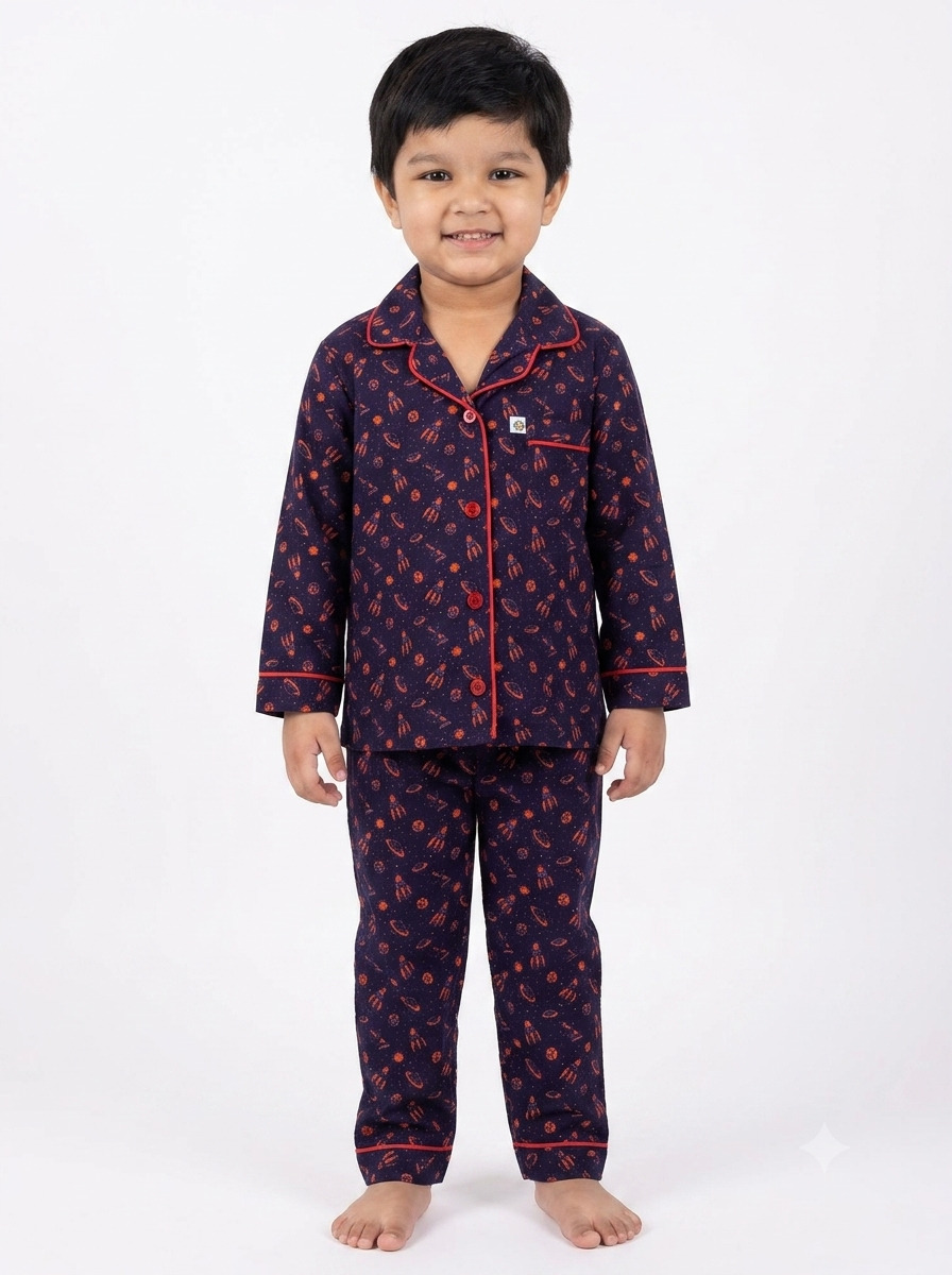 Huggingbug Mission Sleepy kids pure cotton night suit with rockets & space print - view 1