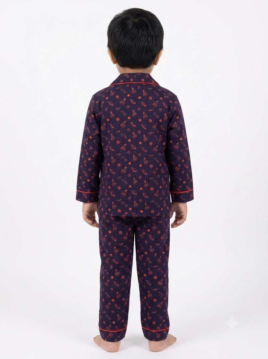 Huggingbug Mission Sleepy kids pure cotton night suit with rockets & space print - view 2 - thumbnail 2 of 4