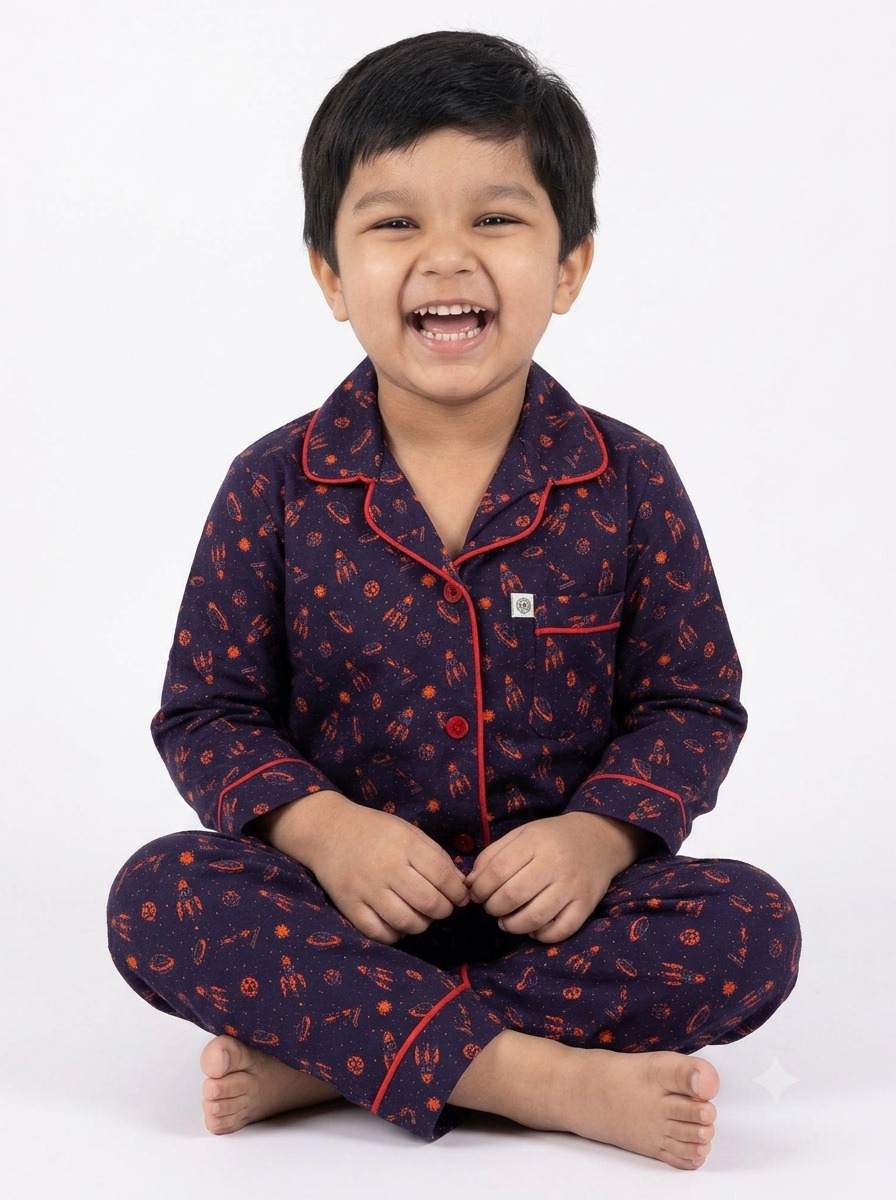 Huggingbug Mission Sleepy kids pure cotton night suit with rockets & space print - view 3 - thumbnail 3 of 4