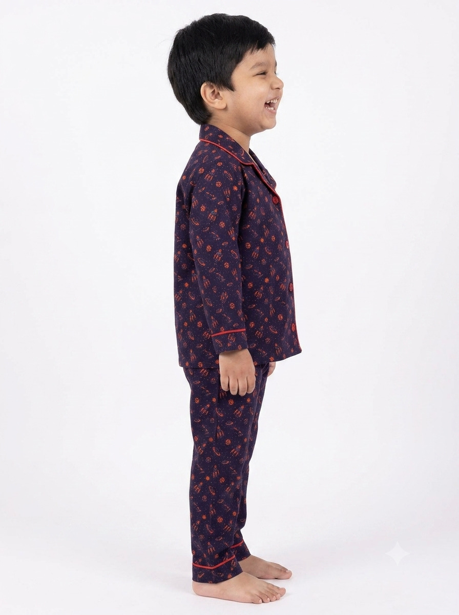 Huggingbug Mission Sleepy kids pure cotton night suit with rockets & space print - view 4 - thumbnail 4 of 4