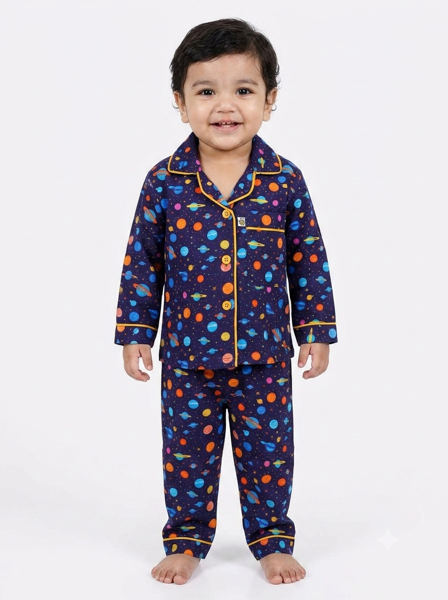 Huggingbug Orbital Dreams kids pure cotton night suit with colourful planets & stars print - view 1