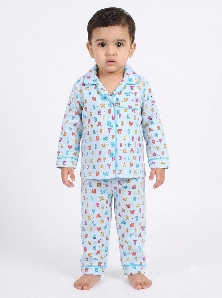 Huggingbug Alphabet kids pure cotton night suit with colourful alphabets (abc) print - view 1