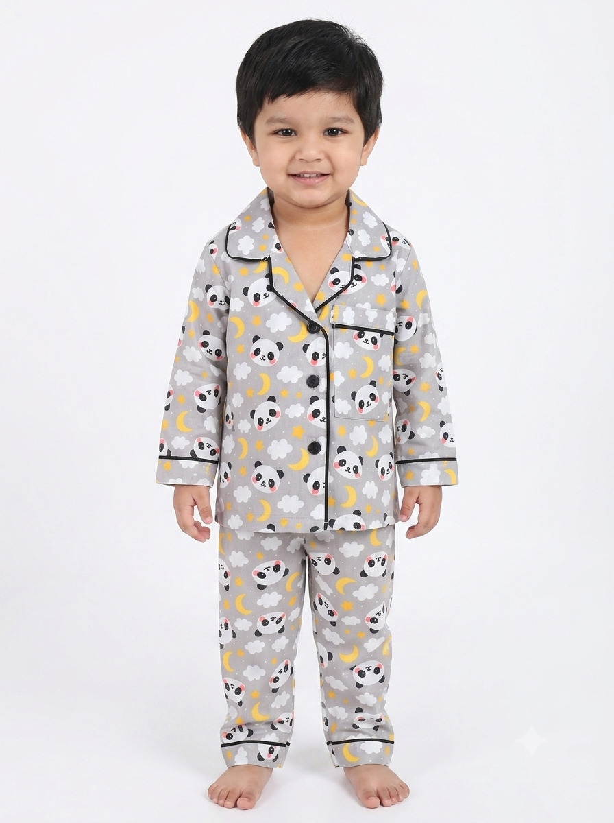 Huggingbug Moonlight Panda kids pure cotton night suit with pandas, moons & clouds print - view 1