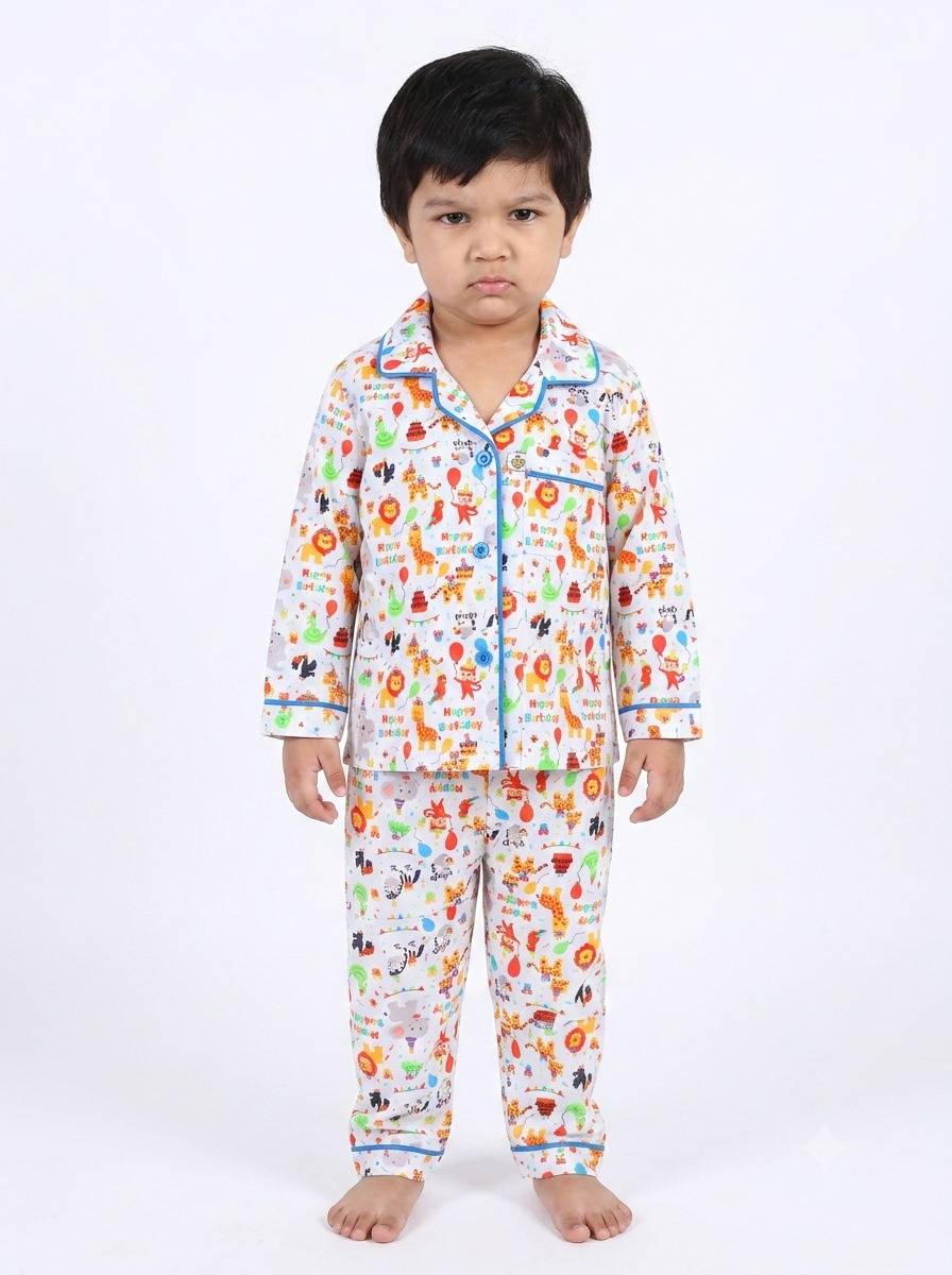 Huggingbug Happy Birthday kids pure cotton night suit with birthday party animals print - view 1