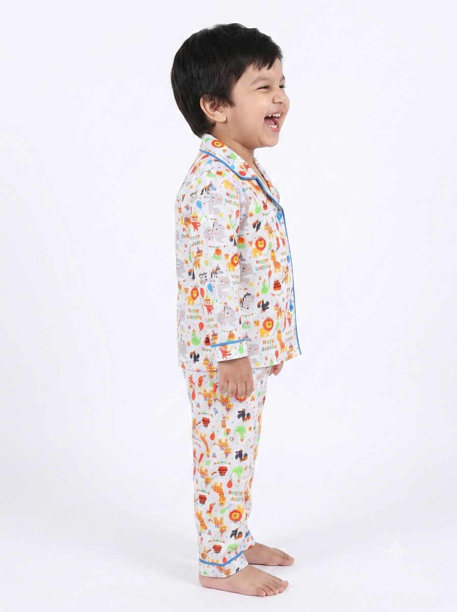 Huggingbug Happy Birthday kids pure cotton night suit with birthday party animals print - view 2 - thumbnail 2 of 4