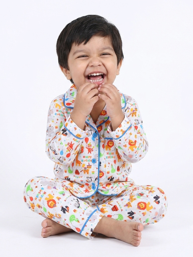 Huggingbug Happy Birthday kids pure cotton night suit with birthday party animals print - view 3 - thumbnail 3 of 4