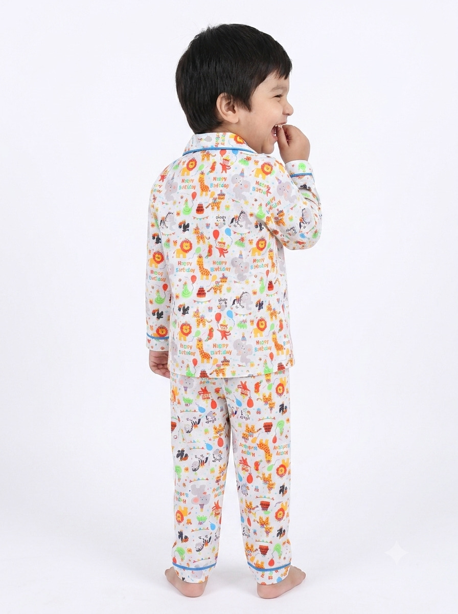 Huggingbug Happy Birthday kids pure cotton night suit with birthday party animals print - view 4 - thumbnail 4 of 4
