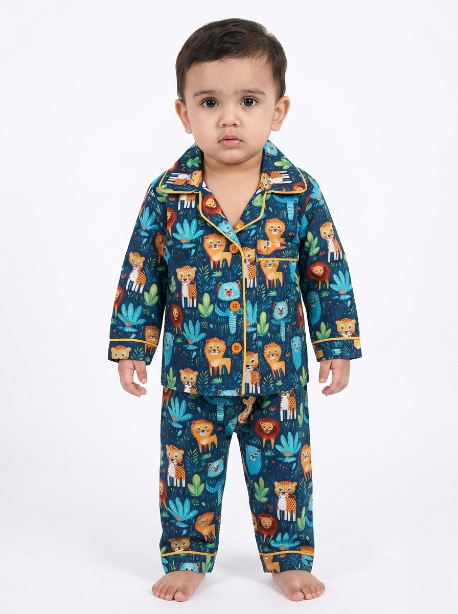 Huggingbug Cats and Naps kids pure cotton night suit with jungle cats & leaves print - view 1