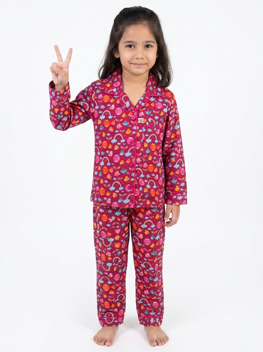 Huggingbug Sky hearts kids pure cotton night suit with rainbows, clouds, hearts & birds print - view 1