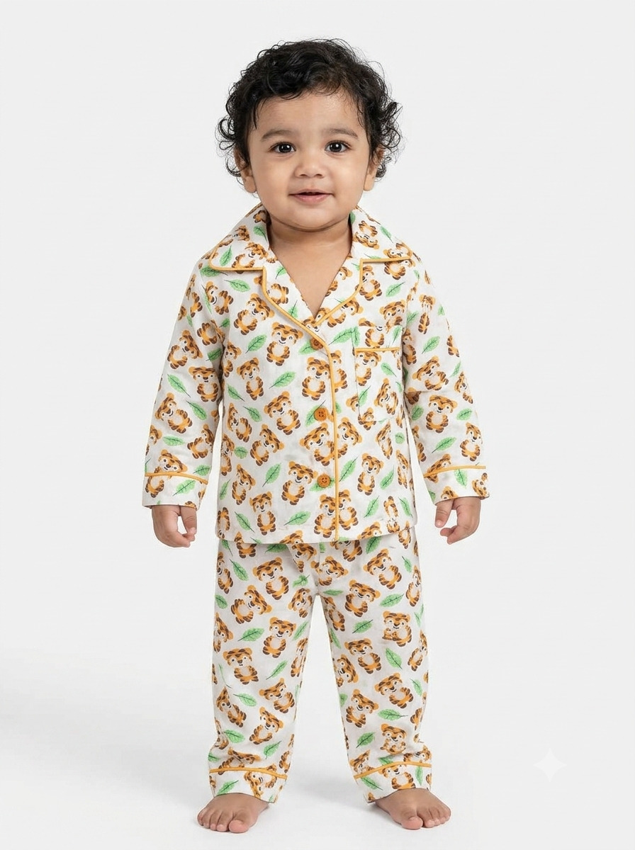 Huggingbug Moody Tigers kids pure cotton night suit with tigers & leaves print - view 1