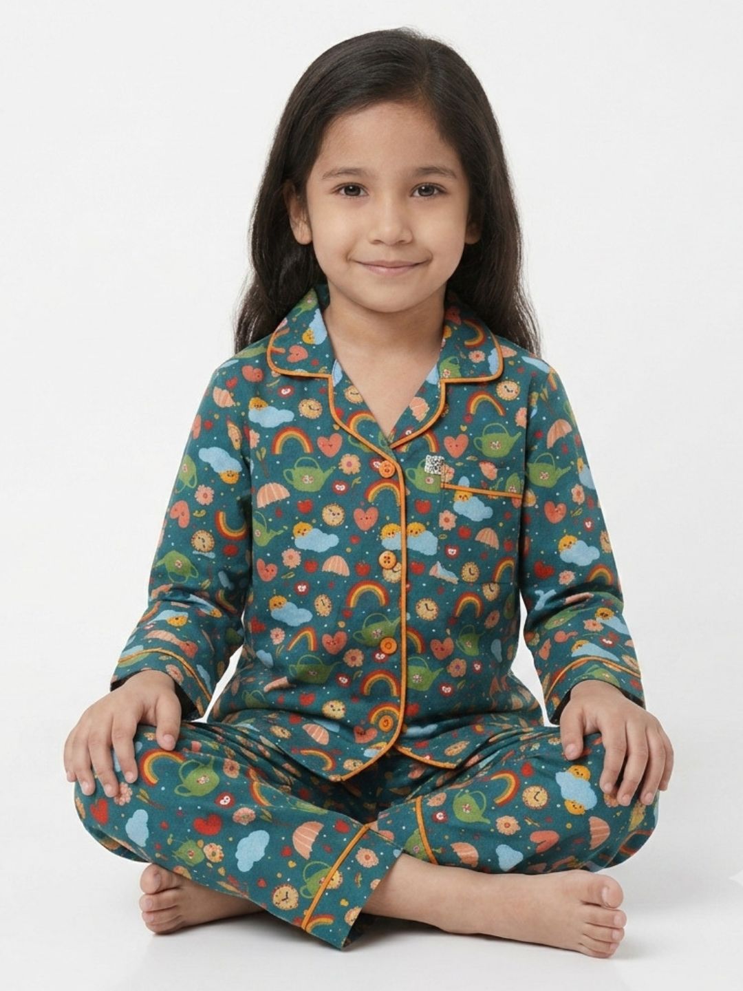 Huggingbug Sushine and Showers kids pure cotton night suit with sunshine, rainbows & rain clouds print - view 2 - thumbnail 2 of 4