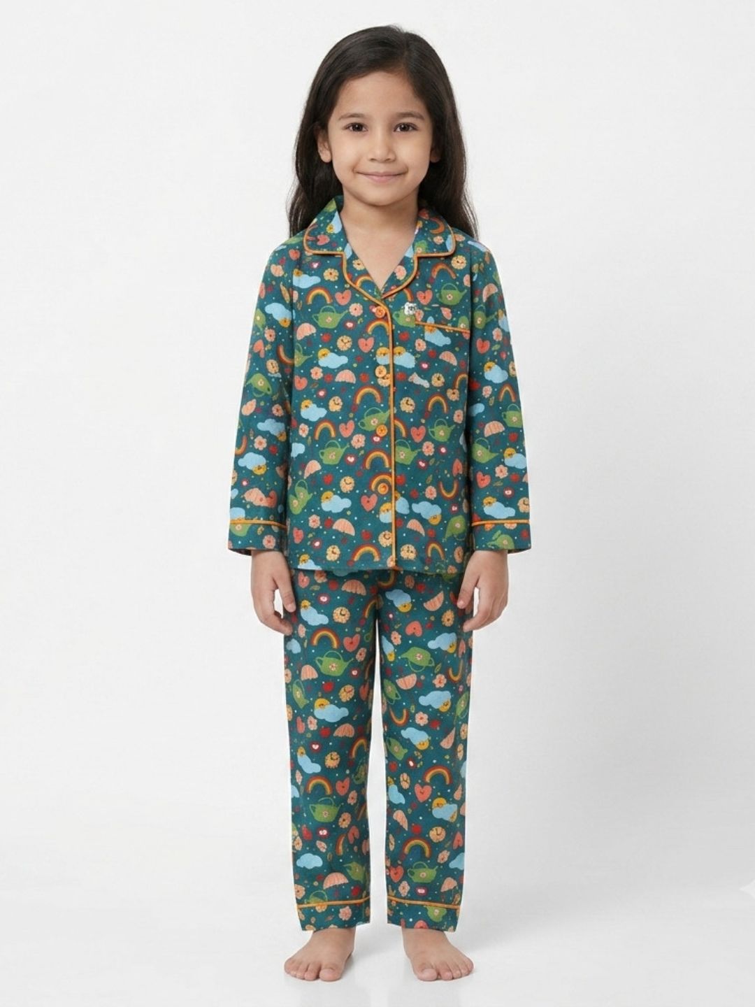 Huggingbug Sushine and Showers kids pure cotton night suit with sunshine, rainbows & rain clouds print - view 1 - thumbnail 1 of 4