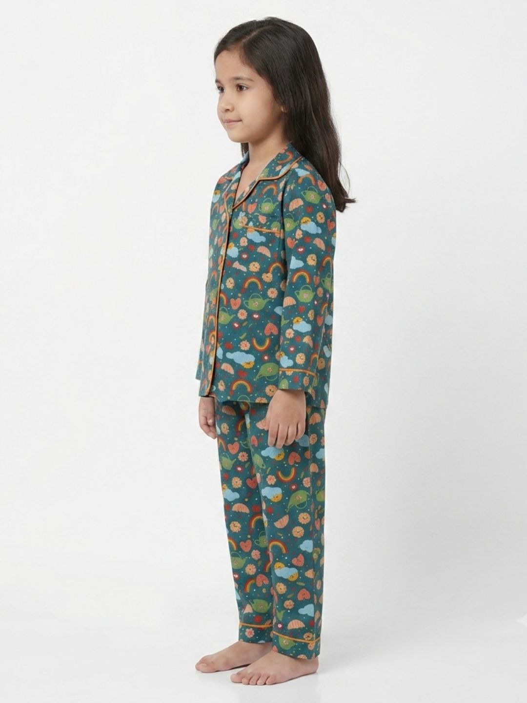 Huggingbug Sushine and Showers kids pure cotton night suit with sunshine, rainbows & rain clouds print - view 3 - thumbnail 3 of 4
